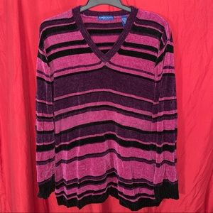 KAREN SCOTT Pink, Black & Purple Striped Sweater V-neck Top